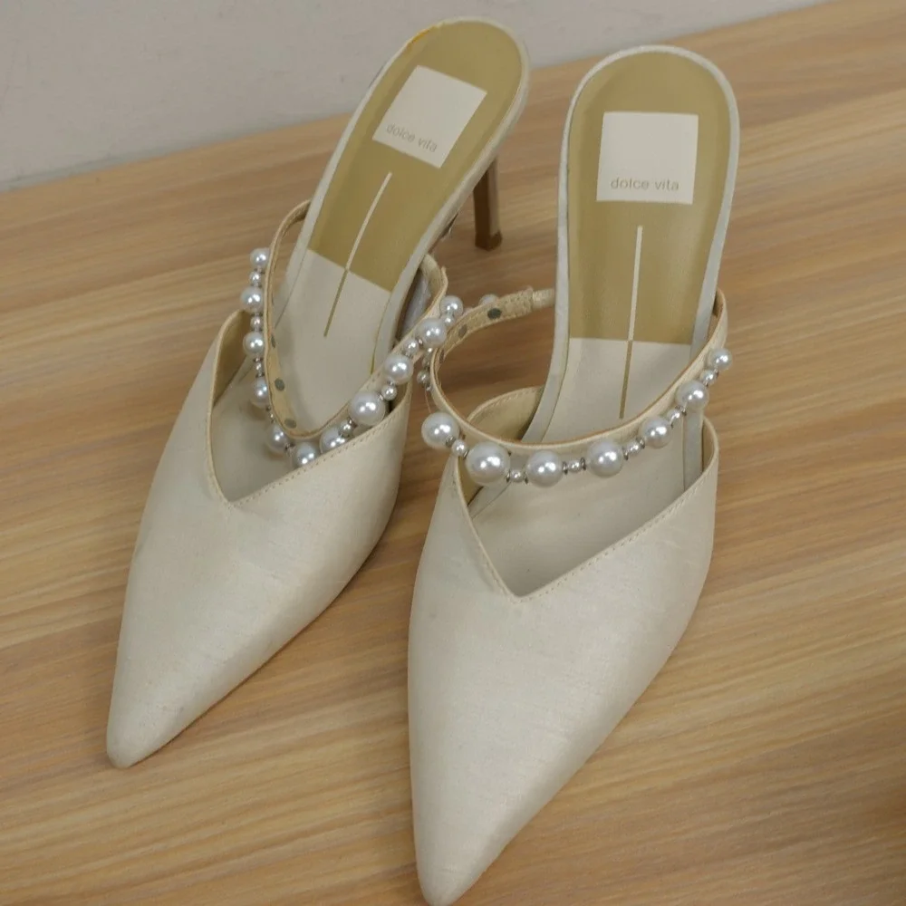 Dolce Vita Womens Mule Heels 8.5 White Coquette Bridal Satin Pearl Kitten Heel